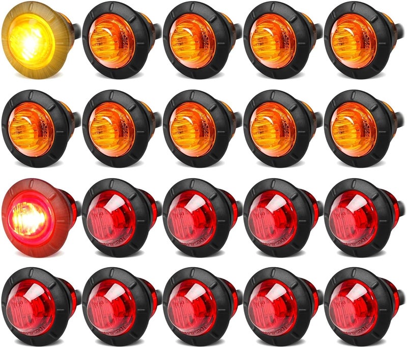 ALFU 20pcs 3/4" Round LED Trailer Side Marker Clearance Lights Front Rear Signal Marker Indicators Tail Light Waterproof for Boat Lorry Truck Pickup Bus RV Car Bus Van （Amber&Red） - Image 1